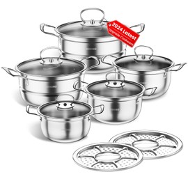 Stainless Steel Cookware Set, 12 Piece Kitchen Induction Cookware Set, Works with Induction/Electric and Gas Cooktops, Kitchen Cooking Set with Glass Lid (Silver D)