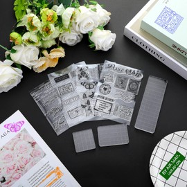 Yinder 7 Piezas Set de Sellos Transparentes de Goma Vintage Sellos de Silicona de Franqueo Transparente de 4 Hojas 3 Herramientas de Bloque de Sello Acrílico con Líneas de Cuadrícula