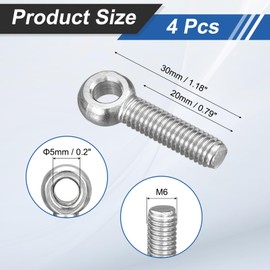sourcing map 4Pcs M6 x 25mm Lifting Eye Bolts, 304 Stainless Steel Machinery Shoulder Swing Bolt Lifting Ring Eyebolt for Pipeline Gate Valves, Building Steel Pipe Fasteners, Silver