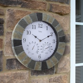 Lily's Home Hanging Wall Clock, Includes a Thermometer and Hygrometer and is Ideal for Indoor and Outdoor Use, Faux-Slate (14 Inches)