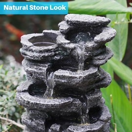 Biling 5-Tier Cascading Rock Outdoor Water Fountain with LED Lights and Artificial Fern, Outdoor Fountains and Waterfalls with Natural Stone Look for Garden, Patio, Backyard, Deck (Gray)