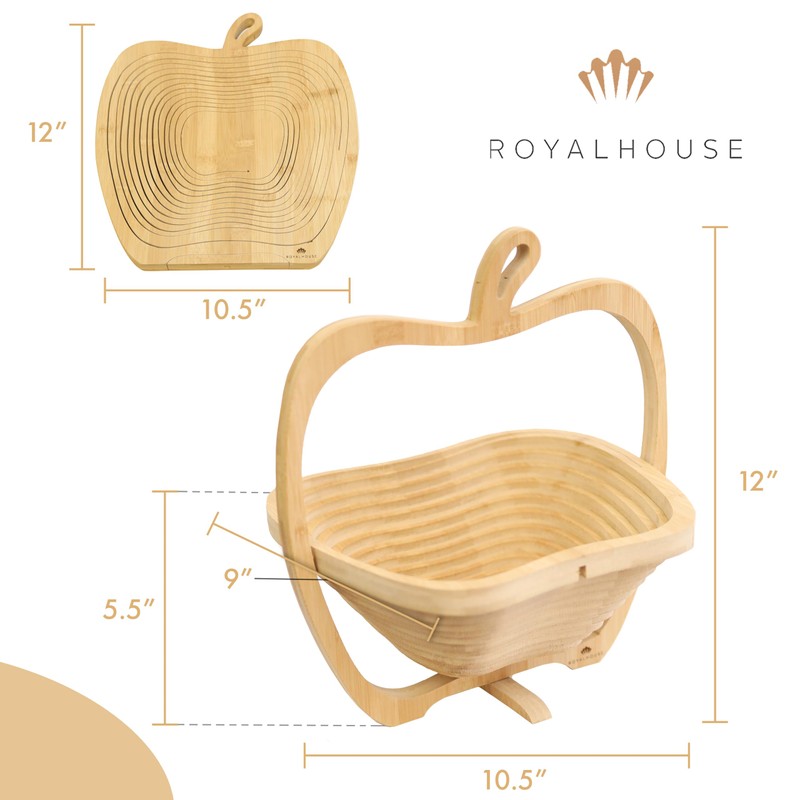 RoyalHouse Bamboo Foldable Fruit Bowl Apple Shape,12“x10.5"- Collapsible, Fruit &