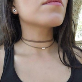 Ximdble Vintage Layered Suede Choker Necklace Gothic Leather Necklace Brown Velvet Choker Necklace Silver Beaded Chain Necklace Retro Necklace Jewelry for Women (Brown)