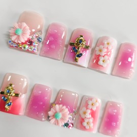 Handmade Press on Nails Short Duck 3D Floral Thick Acrylic Fake Nails French Tip False Nails with Daisy Rhinestones Gold Rose Water Drop Designs Nail Pink Sturdy Art Press on Nail 10Pcs(M)