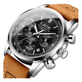Reloj LIGE Hombre Cronógrafo Cuarzo Correa de Cuero Marrón Bisel Plateado