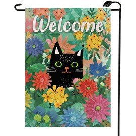 Spring Welcome Black Cat Garden Flag 12x18 Inch House Yard Lawn Daisy Pansy Flower Floral Summer Outside Decoration Seasonal Outdoor Decoration Flag CJ04
