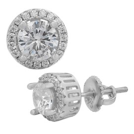 Women's Or Men’s Real Solid Sterling Silver Iced Diamond Hip Hop Earrings Studs Small Round - Flooded Out Aretes