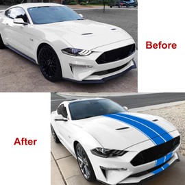 x xotic tech Blue Double-Dual Sport Racing Vinyl Stripe Graphics Hood Roof Trunk Bumper Decal Sticker, Compatible with Ford Mustang 2015-2023 with 4 Tire Valve Stem Cover Caps