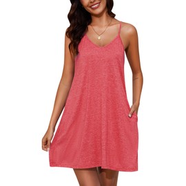 Marvmys Ladies Sleeveless House Dress Nightgown Cotton Slip Dress Cami Short Sleeping Dress Nightie Coral Pink