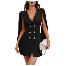 Floerns Damen V-Ausschnitt Zweireihiger Cape Blazer Split Sleeve Elegant Blazer Kleid, Schwarz, L