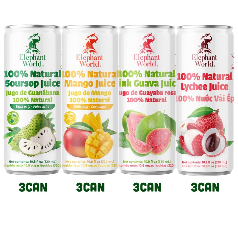 ELEPHANT WORLD 100% Natural Juices | Assorted Superfruits | Soursop-Mango-Guava-Lychee