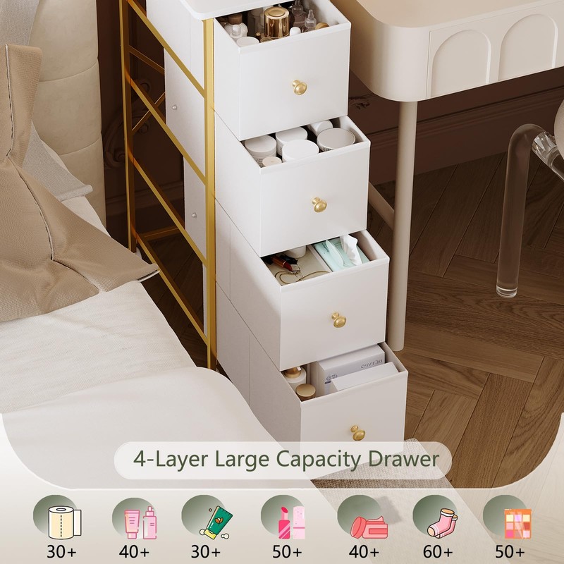 Narrow Side Table with 4 Fabric Drawer, Slim BedsideTable for