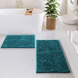 Hearth & Harbor Bathroom Rugs Sets 2 Piece, Chenille Bath Mat Set - Machine Washable Bath Mats for Bathroom Non-Slip Backing Rubber Quick Dry Bathroom Mat - Teal Bath Rug, 17x24-20x32