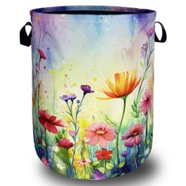 Watercolor Flowers Laundry Basket Wildflower Foldable Funny Laundry Hamper Oxford Cloth Floral Tote Bag Clothes Storage Bucket Toy Organizer 18.9"x16.5"For Bathroom/Laundry Storage/Bedroom
