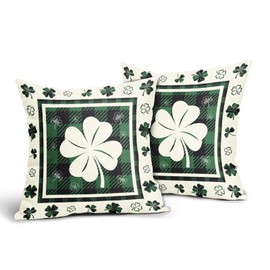 Evlaschin St Patrick Pillow Covers Set of 2 Lucky Clover Shamrock Decorative Cuchion Cover with Buffalo Plaids 18x18 Inches Cotton Linen Throw Pillowcases for Sofa Couch Living Room Indoor Outdoor