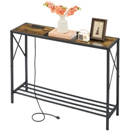 Tajsoon Console Table with Charging Station, 41.8" Entryway Table with Shelves, 2-Tier Narrow Sofa Table, Long Behind Couch Table, for Entryway, Foyer, Living Room, Hallway, Brown & Black
