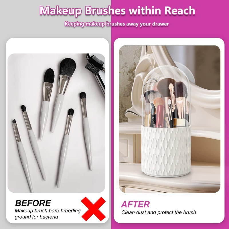 Makeup Brush Holder Organiser with Lid, 360° Rotating Dustproof Make