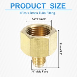 YELARXI Brass Flare Tube Fitting Coupling Gas Adapter, 1/4" Male Flare x 1/2 Inch Female SAE Thread Pipe Connector Fit for air Conditioning HVAC Automotive Grills (4Pcs, Gold)