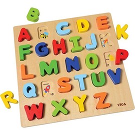 Constructive Playthings 12" Sq. Wooden Uppercase Alphabet Puzzle with 1 1/2" H. ABC Block Pieces for Ages 18 Months and Up