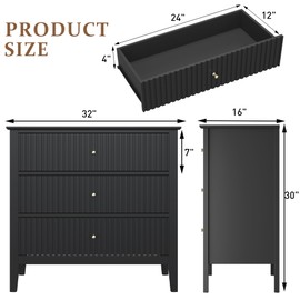 RoyalCraft 32" Large Nightstand, Fluted Painted Bedside Table with 3 Spacious Drawers, Modern Tall End Table for Bedroom, Black