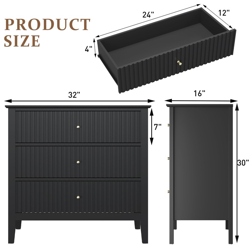 RoyalCraft 32" Large Nightstand, Fluted Painted Bedside Table with 3