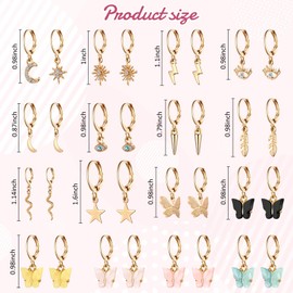 Hicarer 16 Pieces Small Hoop Earrings with Charms Cute Butterfly Moon Star Drop Dangle Hoop Earrings for Mother Women