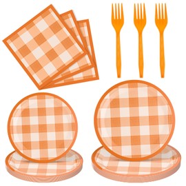 Honeydak 96 Pcs Fall Orange Plaid Party Supplies Thanksgiving Paper Plates and Napkins Fork Autumn Disposable Dinnerware Set Fall Tableware for 24 Guest Thanksgiving Party Decorations (Orange)