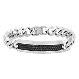 8.5inch Men's Stainless Steel Cuban Link Bracelet with Black Cubic Zirconia - Durable, Hypoallergenic with Secure Fold Over Clasp