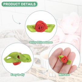 M METERXITY 100-Pack Mini Ribbon Roses, Mini Fabric Flowers with Green Leaves Fabric Roses Ribbon Small Satin for Crafts DIY/Wedding/Ornament/Party/Home/Sewing [Bright Red]