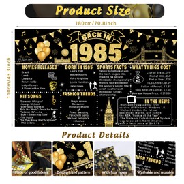 Creaher 40 th Birthday Black Gold Party Decoration，Large Back in 1985 Backdrop Banner，40th Black Gold Sign Poster，Happy 40th Birthday Banner，40 Years Anniversary Home Decor for Women Men