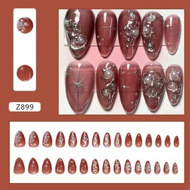 BQZQPAMZ 24pcs Red Almond Fake Nails Silver Line Design Press On Nails Medium Almond Summer Full Coverage Acrylic Nails for Women DIY Nail Decoration Supplies Stick on Nails