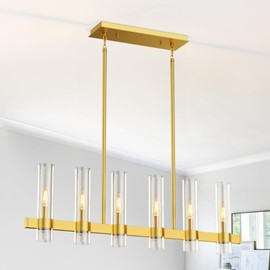 OTeedo 6-Light Modern Linear Pendant Light Fixtures,Gold 40" Large Chandeliers for Kitchen Island,Adjustable Height Hanging Dining Room Chandelier Over Table,Clear Glass Shade Ceiling