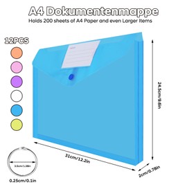 12 Pack A4 Punched Pockets, Colorful Plastic Wallets with 3 Binder Ring, Heavy-Duty Document Sleeves Protectors for Office School Home Organisation, Fits Standard 2/3/4-Ring Binders A4 Lever Arch