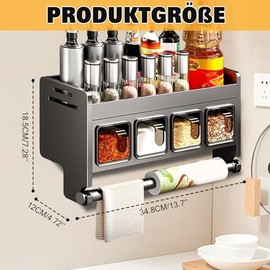 Spice Rack Wall with Spice Box & Kitchen Roll Holder, Stainless Steel Spice Rack without Drilling, Kitchen Shelf Hanging with Spoon, Widening the Worktop, Wall Shelf Kitchen, Spice Organiser (4 Spice Box)