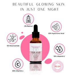 TURBINNE 5 In 1 Overnight Facial Serum. 5 Powerful Serums. Retinol, Hyaluronic Acid, Niacinamide, Vitamin C & E. Powerful Anti-Aging, Reduce Wrinkles, Acne Scars, Dark Spots, 1fl Oz