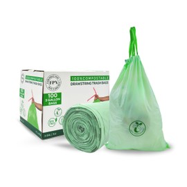 FPN Compostable Trash Bags – 3 gallon, 100 Pack, Handle-Tie, 0.67 Mil, 11.36L, Small Kitchen Food Scrap Waste Bags, Eco-Friendly, Tear-Resistant, Odor-Free, Durable & Convenient