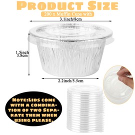 CYEAH 200 Pack Aluminum Cups with Lids, 3.4 oz Mini Aluminum Foil Baking Cups, Disposable Ramekin Baking Cups Muffin Liners Mini Pie Pans, Foil Cupcake Containers for Pudding Muffin Dessert