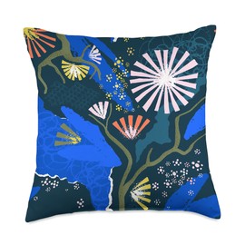 Abstract Floral Pattern in Blue White & Black AEY682 Throw Pillow