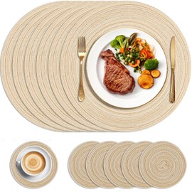 HEYOMART Round Placemats and Coasters Set of 6, 34cm Round Braided Woven Place Mats Washable Table Mats and Coasters Sets Heat Resistant Table Mats for Kitchen Dining Table Home Restaurant, Beige