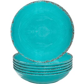 ZAROCRUS Farmhouse Melamine Pasta Bowls Set of 6, 42 OZ Shallow Individual Bowl, Melamine Pasta Plates and Salad Bowls sets, Dishwasher Safe Serving,Snack bowl,Fruit Bowl, Teal
