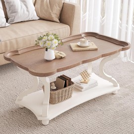Function Home Farmhouse Coffee Table, Modern Cocktail Table with Storage Shelf, Sofa Table with Natural Tray Top and Carved Legs for Living Room, Bedroom, Dining Room in Vintage White