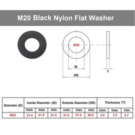 TERF® M20 Black Nylon Flat Washer M20 / 20mm ID (Hole) x 37mm OD x 3mm Thickness Flat Nylon Washers - Pack of 10