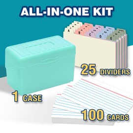 H4D 3x5 Index Card Holder with 100 Heavyweight Ruled Index Cards and 25 Plastic Dividers, Mint Green