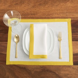 Solino Home Linen Sunshine Yellow and White Dinner Napkins 20 x 20 Inch - 100% Pure Linen Easter Cloth Napkins Set of 4 - Classic, Handcrafted and Machine Washable