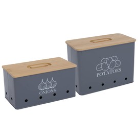 Xbopetda Potato Onion Storage Box, Food Container Sets, Storage Canisters for Vegeatables, Set of 2 Jars Pots Containers, Potato & Onion Bin with Aerating Tin Storage Holes & Bamboo Lid-Gray
