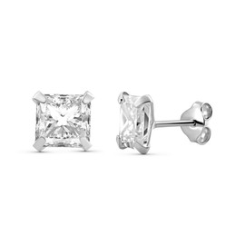 PALMERA Cuco Earrings - Women's 925 Sterling Silver Stud Earrings with Sparkling Cubic Zirconia in Square Brilliant Cut - Elegant Design, Silver, Cubic Zirconia