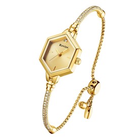 Rovixs Delicate Crystal Bracelet Watch for Her, 3ATM Water-Resistant Analog Timepiece, Anniversary Present for Wife/Daughter/Mom (Gold, Hexagonal)
