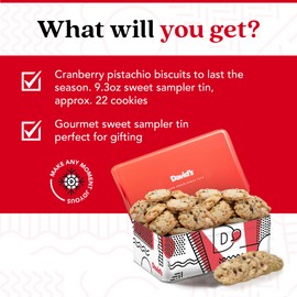 David's Cookies Cranberry Pistachio Biscuits Sweet Sampler Tin - Irresistible Crunch, Snacks And Bakery Treats - Ideal for Snacking And Gifting - Delicious Gourmet Food Gift For All Occasions 9.3oz