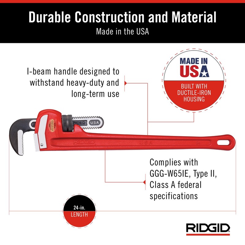RIDGID 31030 Heavy-Duty Straight Pipe Wrench, 24" Sturdy Plumbing Wrench