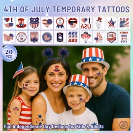 26 Sheets Fourth of July Temporary Tattoos–Patriotic USA Face & Body Stickers for Kids & Adults–Waterproof, Skin-Friendly Red White Blue Designs for 4th of July Independence Day, Parades & BBQ